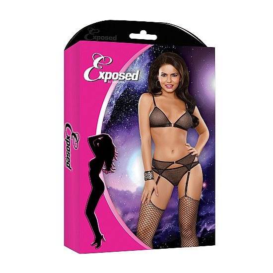 asm magique soutien-gorge de soie brillante, jarretières et culotte noire